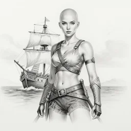 A beautiful female warrior on a faded background of a pirate ship and a deserted island, realism pencil drawing on white paper, bald lines