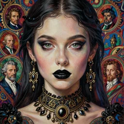 a close up of beautiful gothic girl with black lipstick wearing a intricate necklace surrounded by colourful intricate patterns, by edgar maxence and caravaggio and michael whelan, intricate painting, hyper realistic, extremely detailed and beautiful aesthetic face, 8 k resolution