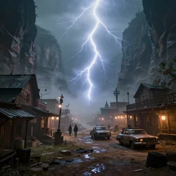 a photo of a cyberpunk western town in a foggy canyon, style of roger deakins, extremely high detail, 8 k, volumetric lightning, unreal engine, photorealism, hyperrealism