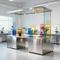 flower shop by white science labotory made of stainless steel and color glass, labotory equipment, minimalism geometry