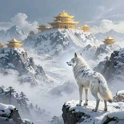 Magic white spirit wolf watches from a cliff the Snowy Mountains with golden temples on the peaks. cgsociety, fantasy illustration, magic and power of the wolf. ArtStation, octane render