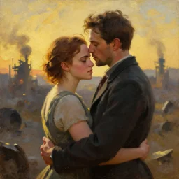 craig robinson and emma watson, tender embrace, golden hour, nuclear war, oil on canvas by william sidney mount, trending on artstation