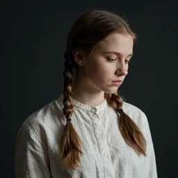 portrait of a russian girl, medium closeup, pigtails, cinematic light, dark background, sideview, looking down, wrinkled cotton shirt
