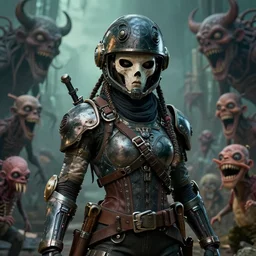 by oka yasutomo and anna dittmann, visually stunning, cinematic, ultra realistic, hyper realism, 1 2 k, epic, octane render, unreal engine, vfx, maya, lovecraftian mechanized funny crazy monsters, epic mask helmet robot ninja portrait, portrait of female space pirate