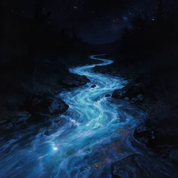 A mystical river filled with galactic fluid flows through a pitch black landscape with lights dotted on it, trending on artstation