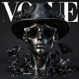 a head made out of melting metal, dark palette, it is wearing sunglasses and a hat, there are flowers all around it, black paint melting, vogue cover style, demonic style, smooth fractal style, ethereal fantasy style