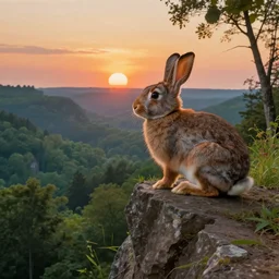 hyper realistic rabbit looking off of a cliff, sun setting behind rabbit, lush forest in valley below, painted by gaston bussiere, craig mullins, j. c. leyendecker 8 k