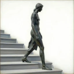 impressionist painting of a statue of something unrecognizable walking up the stairs, side view, white background