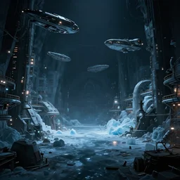 industrial futuristic ice mine, with spaceships in the sky, dark scene with isolated lights, cinematic, epic, 4 k, concept art by eddie mendoza