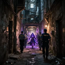 police men following a mage, narrow dilapidated building hallway, dramatic dark lighting, dimly lit by magic, long shot, leage of legends anime, official league of legends art