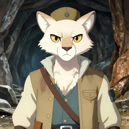 fursona character portrait of a man with an albino mountain lion's head wearing miner's clothes at the mines. hidari, color page, tankoban, 4K, tone mapping, Akihiko Yoshida.