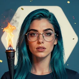 portrait of beautiful female human torch with dark turquoise hair with black, prominent brow, silver frame glasses, confetti in the sky on a hexagon shape, art by j scott campbell, vfx, sharp details