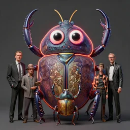 anthropomorphic highly detailed group portrait of funny mr bean neon giant cute eyes trilobite beetle, intricate, elegant, highly detailed, digital painting, artstation, concept art, smooth, sharp focus, illustration, art by artgerm, bob eggleton, michael whelan, stephen hickman, richard corben, wayne barlowe, trending on artstation and greg rutkowski and alphonse mucha, 8 k