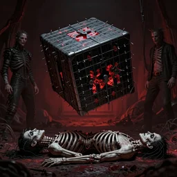 a matte painting of hellraiser puzzle box floating above skinned man in hell by clive barker and alex grey and michael whelan