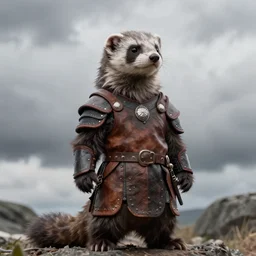 ferret warrior, furry, fantasy, viking, high detailed, photography, cloudy, lightweight leather armour, scandinavia, plain, detailed face, look into the distance, serious face, full body, in full growth, professional photographer, masterpiece, 5 0 mm, extremely detailed, digital art, 8 k