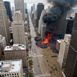 manhattan city streets flooded with lava, view from helicopter, at the city below