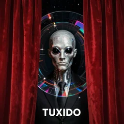 puppet master in tuxedo behind red curtains, an album cover, dark ambiance, realism, featured on dribble, behance, holography, neoplasticism, holographic, cosmic horror, skeuomorphic, parallax