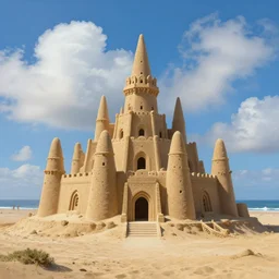 a giant sand castle on a california beach, fluffy clouds, blue sky by magritte and beeple, digital painting, hyper detailed, masterpiece 4 k