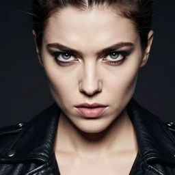 a photograph of a young woman in leather jacket, rebellious punk, glaring expression, dof, sharp focus, highly detailed face, symmetric face, realistic iris, cinestill 8 0 0 t, photography by paolo roversi