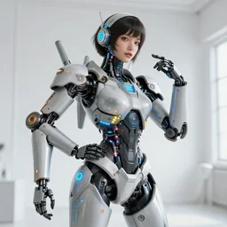 blissful young woman with solarpunk mecha humanoid robotic parts with bright led lights, human face, pudica pose gesture, by michelangelo, in white room, ultra - realistic and intricate, medium shot, hdr 8 k