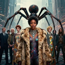 realistic detailed photorealistic portrait movie shot of a beautiful black woman in a fur coat with a giant spider, dystopian city landscape background by denis villeneuve, amano, yves tanguy, alphonse mucha, ernst haeckel, david lynch, edward robert hughes, roger dean, cyber necklace, rich moody colours, cyber patterns, wide angle