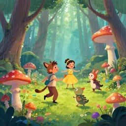 a bright magic forest, with multicolored mushrooms and forest creatures dancing in the rain, 4 k, 3 d