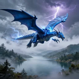flying blue lightning dragon, misty fog, big lake with mountains in background, forest, thunder and lightning, dungeons and dragons, highly detailed, digital illustration - n 4