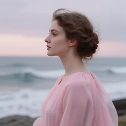 cinestill 5 0 d field of view of a dreamy beautiful pre - raphaelite woman whatcing at the horizon tempest in style of annie liebovitz - john watherhouse, elegant, highly detailed, pale pink matt, soft blur, artstation, sharp focus, head in focus