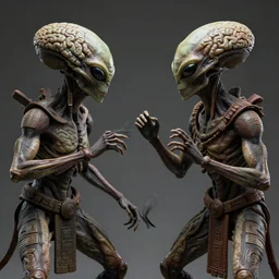 aliens brainsuckers fighting with toltec shamen, perfect faces, fine details, studio lighting, subtle shadows, art by katsuya terada, photorealism, hyper realism, octane render, hyper detailed, canon eos r 3, f / 1. 4, iso 2 0 0, 1 / 1 6 0 s, medium shot, 8 k, raw, unedited, in - frame,