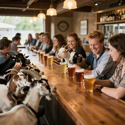 a bunch of goats out at an upscale country bar drinking beers at the counte