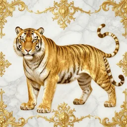beautiful portrait of a large ornate and intricate rococo tiger, hyper detailed, gold plated on white marble, wallpaper pattern