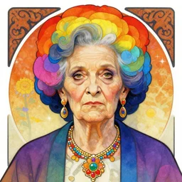 rainbow flowerpunk portrait of a fierce old matriarch by paul lehr, beksinski, alphonse mucha
