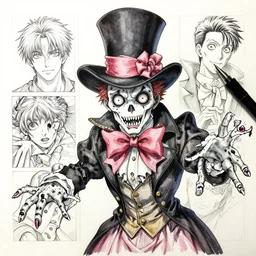 Zombie mad hatter , pen and ink, intricate line drawings, by Yoshitaka Amano, Ruan Jia, Kentaro Miura, Artgerm, watercolor
