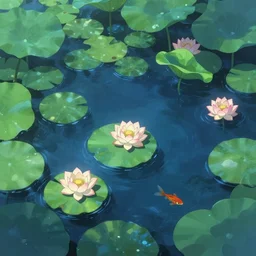 koi pond, lotus flowers, dark blue water, green lily pads, goldfish, a fantasy digital painting by makoto shinkai and greg rutkowski, trending on artstation,