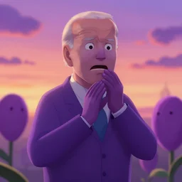 a joe biden as fear from inside out extremely scared and anxious, purple, mr. nimbus character design, sharp, rendered in unreal engine 5, anime key art by glen keane, ross tran, bloom, dramatic lighting, sunrise