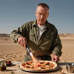 Walter White making pizza in the desert, dramatic lighting, blowtorch, still from breaking bad (2010)