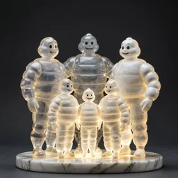 translucent glass sculpture by Stanisław Szukalski of the Bibendum family portrait, Michelin Man! family portrait, luminescence, studio lighting, product photography, while marble, figurine, unreal engine, cryengine, ambient occlusion