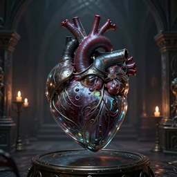 a darkmagic realistic mutated anatomical real heart inside glass and metal framework with dark magic in the air, inside a medieval dungeon with candley, grimdark magic ritual, 8 k, realistic render, octane render, unreal engine, style by greg rutkowski, intricate details, cinematic lighting
