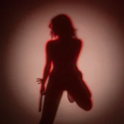 red light from above outlines the shadow of her beautiful shape on the floor below