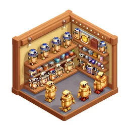 isometric view of a store that sells droids, from a lucasarts point and click 2 d graphic adventure game, art inspired by thomas kinkade