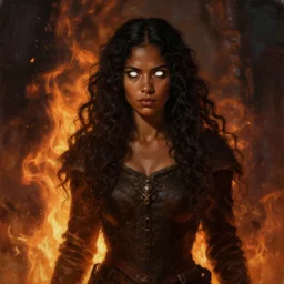 character design, medieval, a woman with long dark curly hair and white eyes, theres a fire behind her, stoic, brown skin, alone dramatic, epic painting, painted by wlop and nixeu, cgsociety, beautiful, semirealism, artbreeder, artstation, volumetric light, octane render, sharpness, 8 k, golden ratio