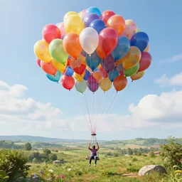 large colorful balloons with people on rope swings underneath, flying high over the landscape, realistic, detailed, digital art, unreal engine