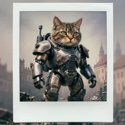 giant oversized cat as rugged battle armored cyborg, in legnica, full body, cinematic focus, polaroid photo, vintage, neutral dull colors, soft lights, foggy mist, by oleg oprisco, by thomas peschak, by animal planet, by gregory crewdson