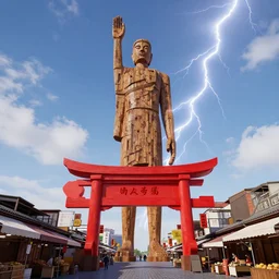 a city market and the blue sky with clouds as light as lightning, octane render ， 1 9 2 0, a huge wooden statue stand with a huge red gate on
