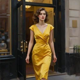 beautiful oil matte portrait painting, woman in mustard yellow dress exiting her soho hotel, new york city, wonderful masterpiece highly detailed, beautiful cinematic light deep focus, elegant, digital painting, smooth, sharp focus, golden ratio, dramatic illumination, ultra realistic, 8 k, art by jimmy law and nathan walsh
