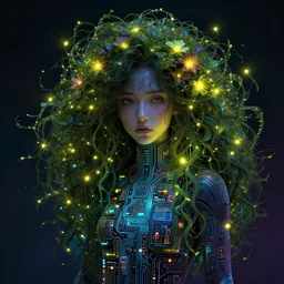 anime girl electronic circuitry, with fireflies with a thick mane of bioluminescent vines and flowers by chris dyer and alex grey street art, trending on artstation, dramatic lighting, octane render, weta digital, trending on deviant art, deepdream, ray trace