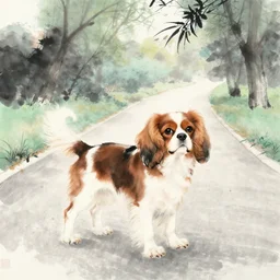 cavalier king charles spaniel, on a road in a park on a sunny day, traditional chinese ink painting