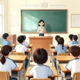 drawing of first - person view of students at their desks facing the teacher all with comically enlarged heads