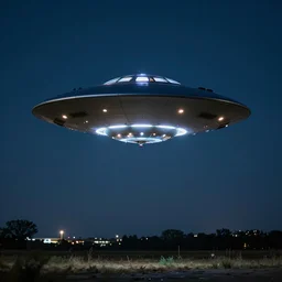 ufo hovered over a beautiful night area, surreal, photography, high detailed, 8 k, perfect shape