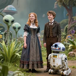 a girl and a boy standing next to some alien plants, looking happy, wearing victorian clothes, their pet droid is nearby, in a park on a alien planet, ultra realistic facial details, enhanced faces, ultra photorealistic raytracing, 8k